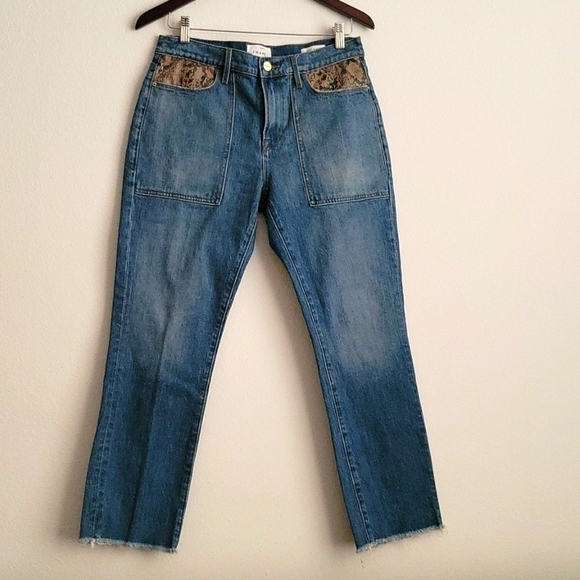 Frame le high straight python print leather patchwork jeans Size 29 - Picture 6 of 11